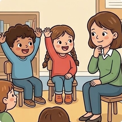 Lehrerin im Klassenraum, Kinder melden sich